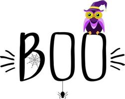 Halloween-Schriftzug Boo mit einer Eule in einem Zauberhut. vektor