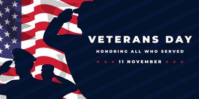 Veteranentag, 11. November. Silhouette Soldat salutiert auf amerikanischer Flagge vektor