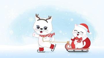 süße kleine katzen und schlitten-, winter- und weihnachtsillustration. vektor