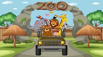safari scen på dagtid med vilda djur på turistbilen vektor