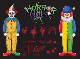 Horror-Nacht-Textlogo mit gruseligen Clowns vektor