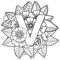 Buchstabe V mit Mehndi-Blume. dekoratives Ornament im ethnischen Orientalen vektor