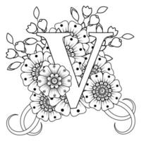 Buchstabe V mit Mehndi-Blume. dekoratives Ornament im ethnischen Orientalen vektor