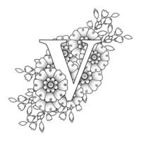 Buchstabe V mit Mehndi-Blume. dekoratives Ornament im ethnischen Orientalen vektor