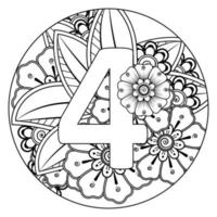 Nummer 4 mit Mehndi-Blume. dekoratives Ornament im ethnischen Orient. vektor