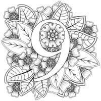 Nummer 9 mit Mehndi-Blume. dekoratives Ornament im ethnischen Orient. vektor