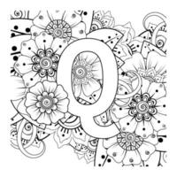 Buchstabe q mit Mehndi-Blume. dekoratives Ornament im ethnischen Orientalen vektor