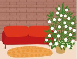 levande rum interiör med jul träd, soffa och tegel vägg. vektor stock illustration. platt stil interiör.