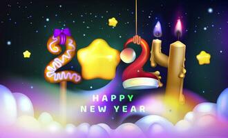Lycklig ny år 2024 hälsning kort. 3d vektor illustration med ljus, konfetti, stjärnor och lampor. eps 10