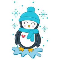 Vektor Illustration von süß Karikatur Pinguin mit Tasse auf ein Schnee
