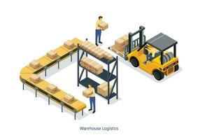 Logistik und Warenhaus Hintergrund mit Arbeitskräfte und Ladung Symbole isometrisch Vektor Illustration
