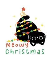 söt jul svart katter Utsmyckad med lampor, mjau jul, humör hälsning kort, rolig och lekfull tecknad serie illustration. vektor