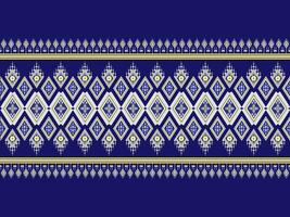 das Stoff Muster ist gemacht von geometrisch Formen und Blumen, trat bei zusammen im ein Schön, einzigartig, ethnisch Stil. Stickerei auf ein Blau Hintergrunddesign zum Kleidungsstück, Fliese, Kleidung, Textil, Teppich vektor