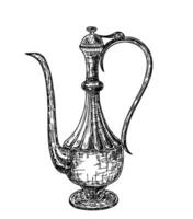 Antiquität orientalisch geschnitzt Krug, Türkisch Arabisch Teekanne, skizzieren Vektor. traditionell östlichen Kaffee Topf, Krug, Dallah, aftaba. arabisch Erbe vektor