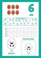 många spel på ett sida för förskola ungar. Färg sida, punkt till punkt, spår. inlärning siffra 6 vektor