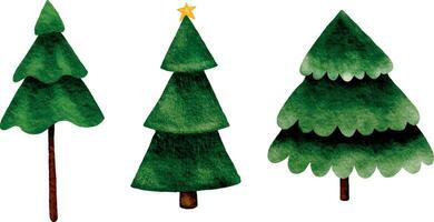 jul träd samling. penna teckning stil, barns illustration. en uppsättning av ritad för hand texturerad tall träd, en dekorativ jul träd. tecknad serie jul träd är lämplig för posters vektor