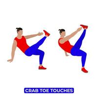 Vektor Mann tun Krabbe Zehe berührt. Körpergewicht Fitness Cardio trainieren Übung. ein lehrreich Illustration auf ein Weiß Hintergrund.
