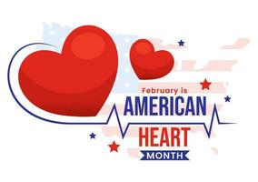 Februar ist amerikanisch Herz Monat Vektor Illustration mit USA Flagge und rot Liebe zum gesund im eben Karikatur Hintergrund Design