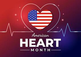 februari är amerikan hjärta månad vektor illustration med USA flagga och röd kärlek för friska i platt tecknad serie bakgrund design
