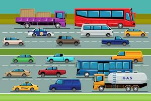 transport fordon i de stad. bil buss skåpbil lastbil och trailer. vektor