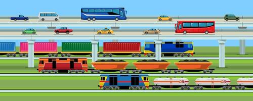 transport fordon i de stad, bil buss skåpbil lastbil och tåg. vektor