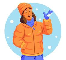 Illustration von ein Frau im ein warm Jacke halten ein Schneeflocke vektor