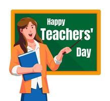 glücklich Lehrer Tag mit weiblich Lehrer und Tafel Vektor Illustration.