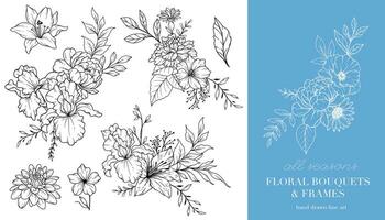 vild linje konst. blommig ramar och buketter. blommig linje konst. bra linje vild ramar hand dragen illustration. hand dragen översikt vilda blommor. botanisk färg sida. vild isolerat vektor