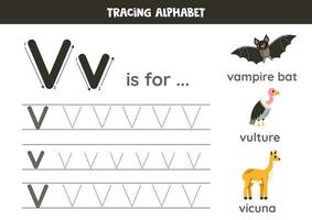 Rückverfolgung alle Briefe von Englisch Alphabet. Vorschule Aktivität zum Kinder. Schreiben Großbuchstaben und Kleinbuchstaben Brief v. druckbar Arbeitsblatt. süß Illustration von Vampir Schläger, Geier, Vicunja. vektor