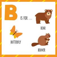 inlärning engelsk alfabet för ungar. brev b. söt tecknad serie Björn bäver fjäril. vektor