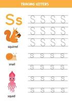 Rückverfolgung Alphabet Briefe zum Kinder. Tier Alphabet. Brief s ist zum Eichhörnchen Schnecke Tintenfisch. vektor