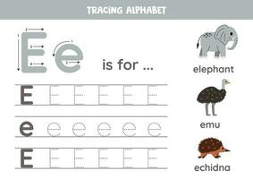 Rückverfolgung alle Briefe von Englisch Alphabet. Vorschule Aktivität zum Kinder. Schreiben Großbuchstaben und Kleinbuchstaben Brief e. druckbar Arbeitsblatt. süß Illustration von Elefant, Emu, Ameisenigel. vektor