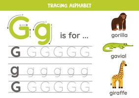 Rückverfolgung alle Briefe von Englisch Alphabet. Vorschule Aktivität zum Kinder. Schreiben Großbuchstaben und Kleinbuchstaben Brief g. druckbar Arbeitsblatt. süß Illustration von Gorilla, Gavial, Giraffe. vektor