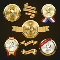 90 år årsdag logotyp med gyllene band. uppsättning av årgång årsdag märken firande vektor
