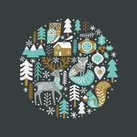 söt skog djur och träd på mörk grå bakgrund. scandinavian skog illustration vektor