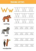 spårande alfabet brev för ungar. djur- alfabet. brev w är för warthog Varg hackspett. vektor