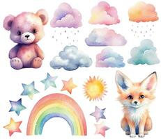 Aquarell Baby tragen, Fuchs. einstellen von Vektor Hand gezeichnet Kindergarten Elemente, Wolken Regenbogen, Sterne, Mauer Aufkleber