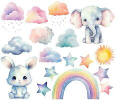 Aquarell Baby Elefant, Hase. einstellen von Vektor Hand gezeichnet Kindergarten Elemente, Wolken, Regenbogen, Sterne, Mauer Aufkleber. Pastell- Farben