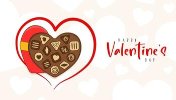 Lycklig hjärtans dag text. hälsning kort. choklad godis med hjärtformade låda vektor