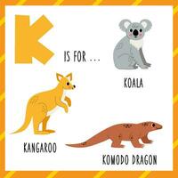 Lernen Englisch Alphabet zum Kinder. Brief k. süß Karikatur Koala Känguru komodo Drachen. vektor