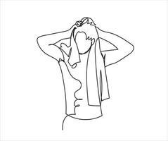 ein Mann Trocknen seine Haar mit ein Handtuch kontinuierlich Linie Zeichnung vektor