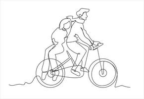 teckning Lycklig människor ridning cykel värld cykel dag begrepp kontinuerlig linje teckning vektor illustration