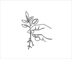 kontinuerlig en linje teckning hand innehav en växt med många rötter värld miljö dag begrepp vektor
