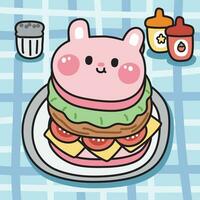 süß Hamburger Hase Gesicht Brot mit Soße auf Tischdecke.Nagetier Tier Charakter Karikatur geruhen.Essen.schnell food.kawaii.vector.illustration. vektor