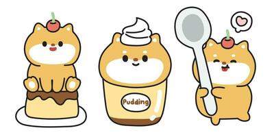 uppsättning av söt shiba inu hund i pudding koncept.söt och dessert.japansk sällskapsdjur djur- karaktär tecknad serie design collection.kawaii.vector.illustration. vektor