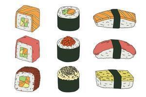 handgezeichnetes Sushi-Rollen-Clipart-Set. Gerichte der traditionellen japanischen Küche. asiatisches Essen vektor