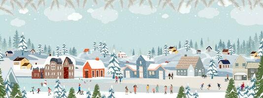 Weihnachten Hintergrund, Winter Landschaft, feiern Weihnachten, neu Jahr 2024 im Dorf beim Nacht mit Menschen spielen Eis Schlittschuh im das Park, Vektor horizontal Banner Winter Wunderland im Dorf