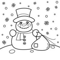 jul färg sida med en söt snögubbe. vektor svart och vit stock illustration. rolig linje ikon.