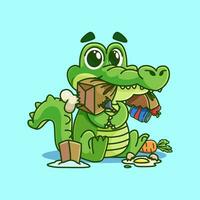 süß Karikatur Krokodil Maskottchen Essen Lebensmittelgeschäft Tasche.bezaubernd Karikatur Maskottchen Illustration vektor
