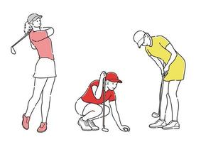 Reihe von Golfspielern einfache Strichzeichnungen isoliert auf weißem Hintergrund. vektor